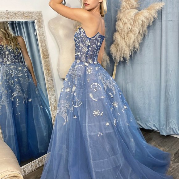 BLUE CONSTELLATION DREAM SWEETHEART EMBROIDERED TULLE BALLGOWN CORSET BACK A0890 - Picture 4 of 11